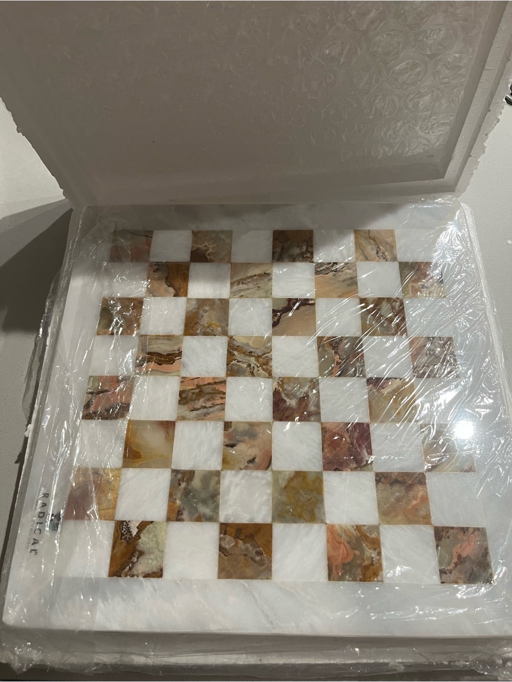 Marble Inlay Chess/Checker Board - White and Multi-Colored Stone